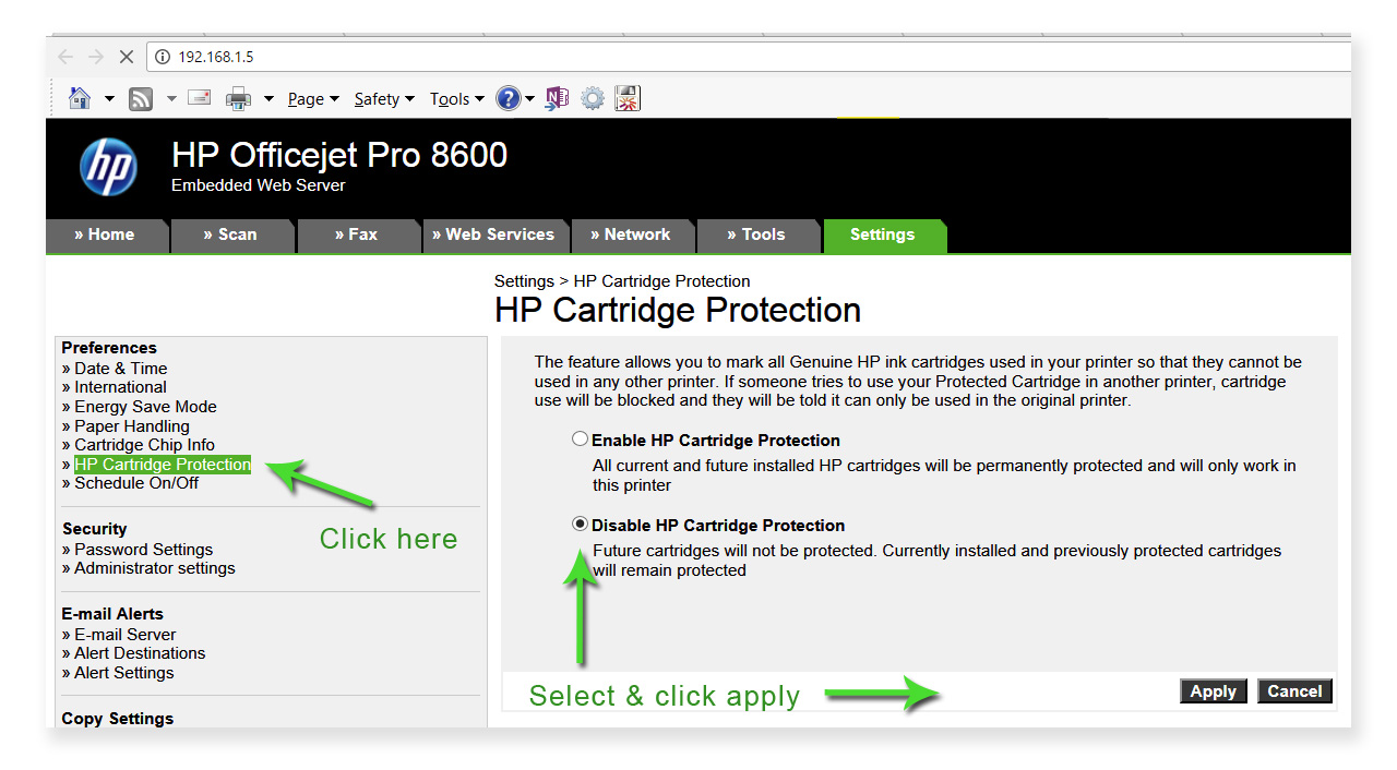 HP Cartridge protection settings